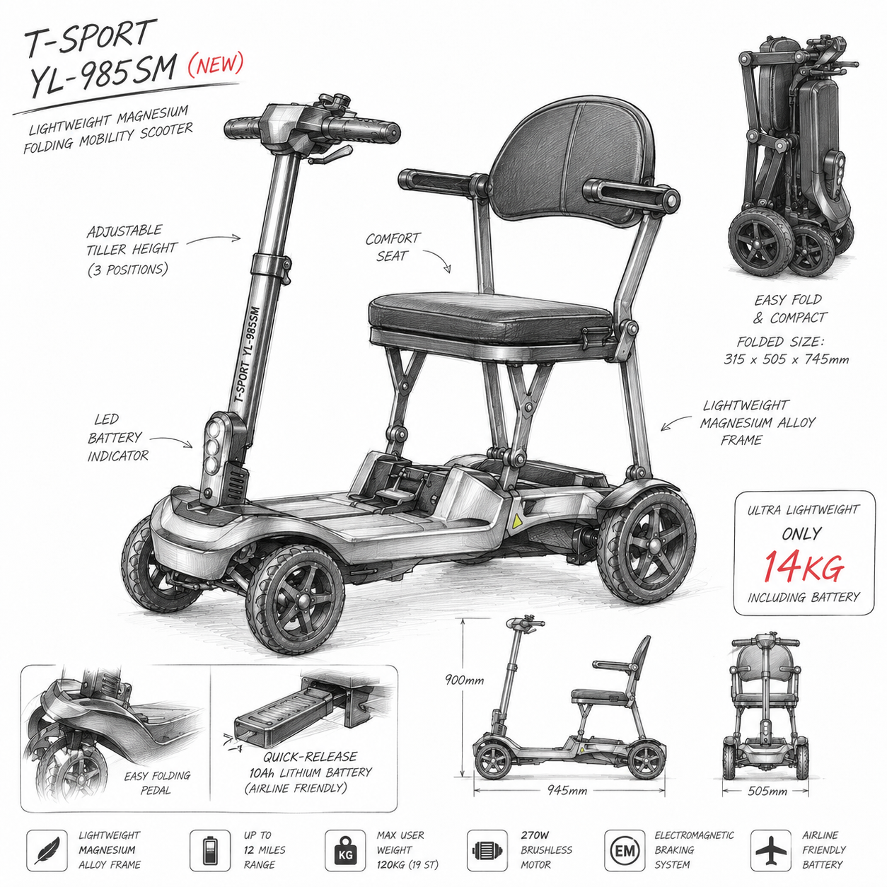 YL-985SM Folding Mobility Scooter, Lightweight, 12 Mile Range, 14KG