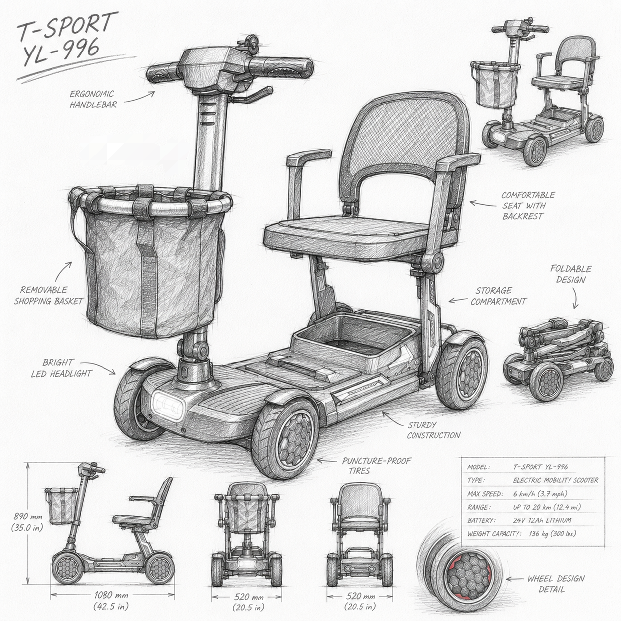 YL-996 Folding Mobility Scooter Lightweight 19kg 2026 Model
