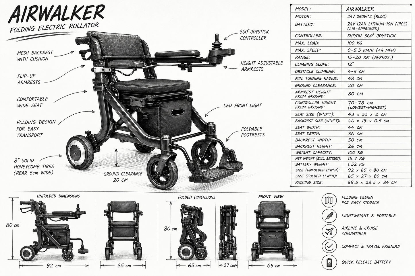 AirWalker Foldable Electric Rollator Powerchair, 500W, Removable Battery