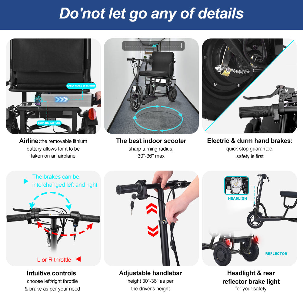 SCOTE-48350 Folding Mobility Scooter 3 Wheel Li-ion Dual Motor 700W, 20 Mile Range