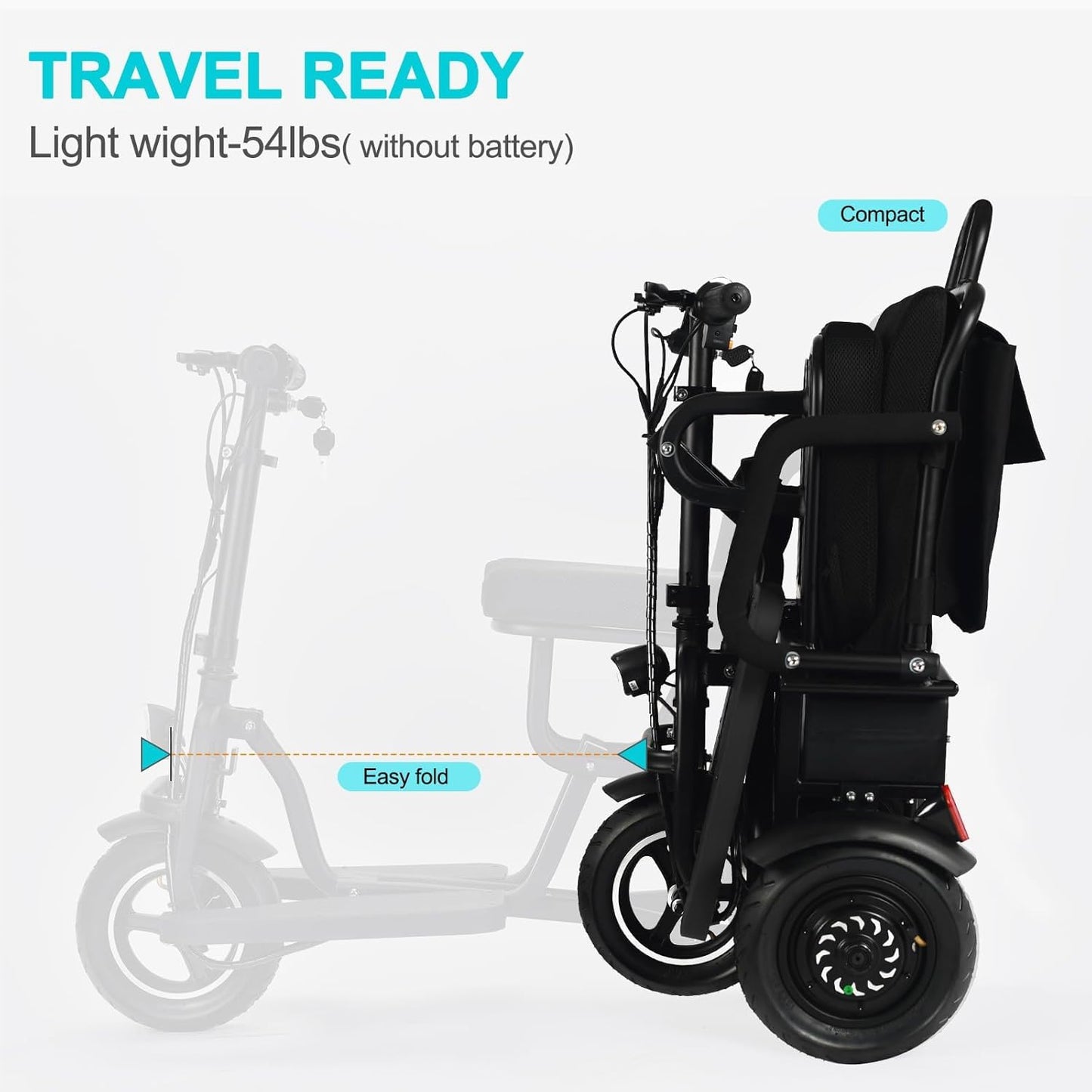 SCOTE-48350 Folding Mobility Scooter 3 Wheel Li-ion Dual Motor 700W, 20 Mile Range