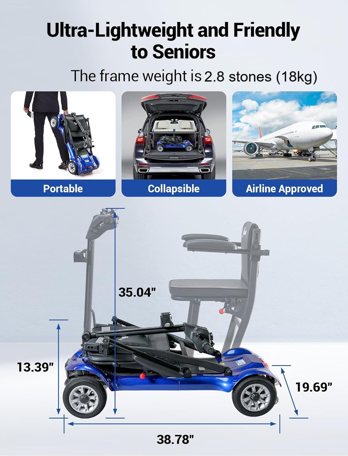 YL-985 Folding Mobility Scooter Great for Boot, Travel, Removeable Li-ion Battery 12 mile range