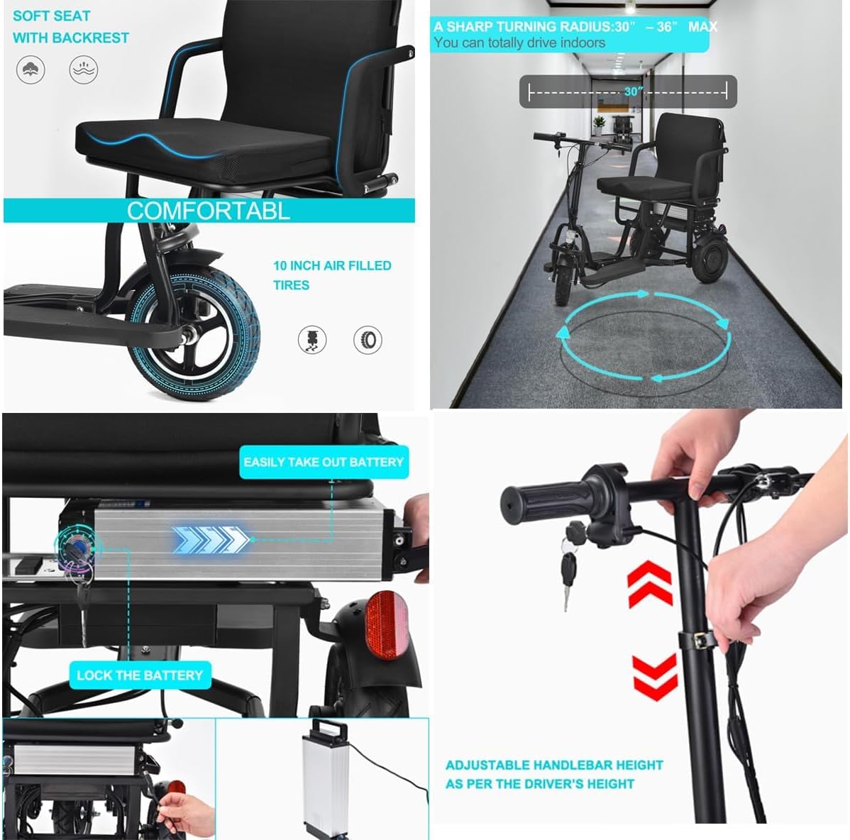 SCOTE-48350 Folding Mobility Scooter 3 Wheel Li-ion Dual Motor 700W, 20 Mile Range