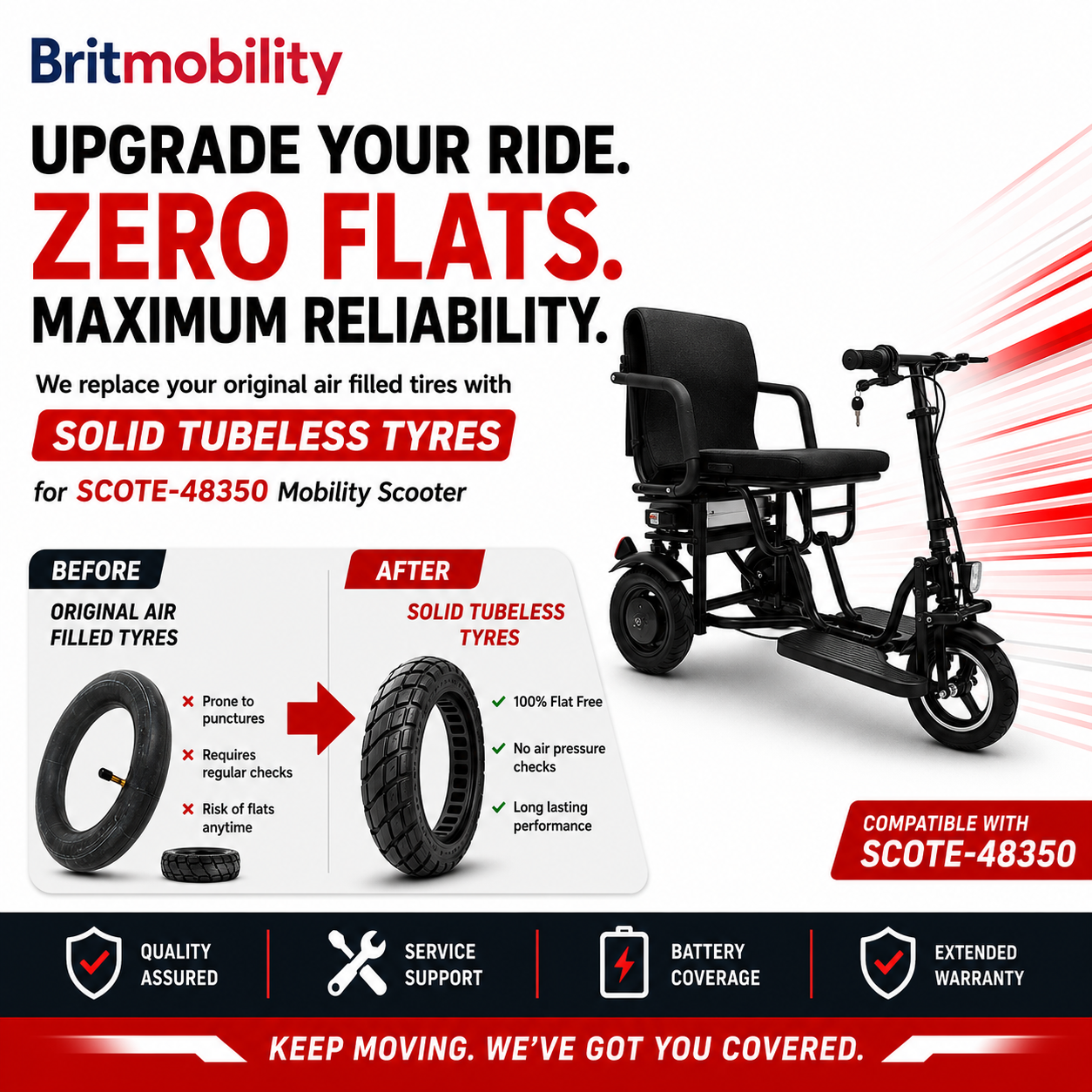 SCOTE-48350 Mobility Scooter Solid Tyre Conversion Service – Flat Free Upgrade